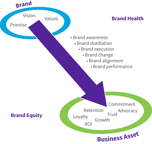 Visualisation graphic: Brand (including vision, values and promse) leads to business asset (including loyalty, retention, commitment, ROI, growth, trust, advocacy). Along the way we have brand awareness, brand distillation, brand change, brand alignment, and brand performance.